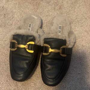 BiBi Black Leather Mules with Gold Detail